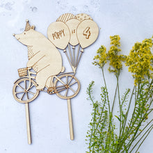 Load image into Gallery viewer, Personalised Birthday Bear on a Bike Wooden Cake Topper