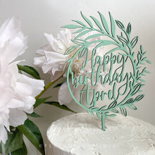 Load image into Gallery viewer, Personalised Botanical Wreath Wooden Cake Topper