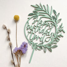 Load image into Gallery viewer, Personalised Botanical Wreath Wooden Cake Topper