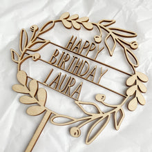 Load image into Gallery viewer, Personalised Flower Wreath Wooden Cake Topper - Available in a variety of colours