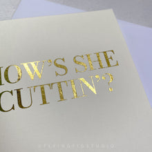 Load image into Gallery viewer, Set of 3 Irish Phrases Greetings Cards (C'mere to Me, What's the Craic? How's She Cuttin'?) Finished in Gold Foil