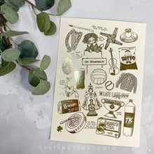 Load image into Gallery viewer, A4 Irish Nostalgia Gold Foil Illustration Print