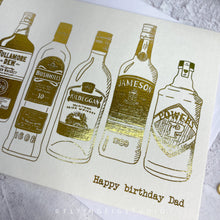 Load image into Gallery viewer, Plain or Personalised Gold Foil Irish Whiskey Illustration Greetings Card