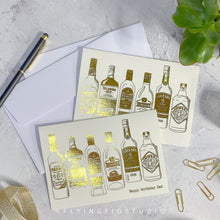 Load image into Gallery viewer, Plain or Personalised Gold Foil Irish Whiskey Illustration Greetings Card