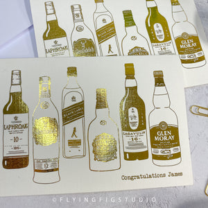 Plain or Personalised Gold Foil Scotch Whisky Illustration Greetings Card