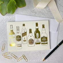 Load image into Gallery viewer, Plain or Personalised Gold Foil Scotch Whisky Illustration Greetings Card