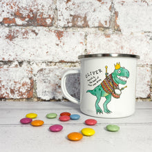 Load image into Gallery viewer, Personalised 'March to the Beat of Your Own Drum' Illustrated Dinosaur Enamel Mug