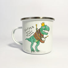 Load image into Gallery viewer, Personalised &#39;March to the Beat of Your Own Drum&#39; Illustrated Dinosaur Enamel Mug