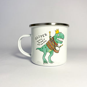 Personalised 'March to the Beat of Your Own Drum' Illustrated Dinosaur Enamel Mug