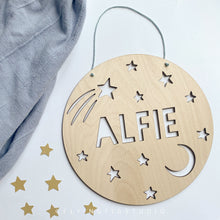 Load image into Gallery viewer, Personalised Moon and Stars Cutout Wooden Name Plaque Sign