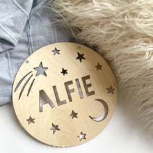 Load image into Gallery viewer, Personalised Moon and Stars Cutout Wooden Name Plaque Sign