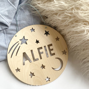 Personalised Moon and Stars Cutout Wooden Name Plaque Sign