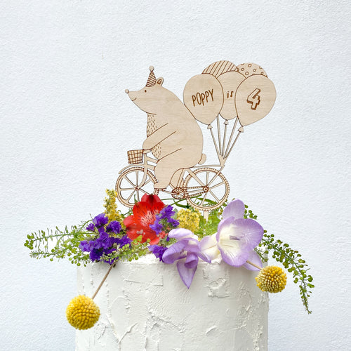Personalised Birthday Bear on a Bike Wooden Cake Topper