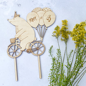 Personalised Birthday Bear on a Bike Wooden Cake Topper