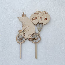 Load image into Gallery viewer, Personalised Birthday Bear on a Bike Wooden Cake Topper