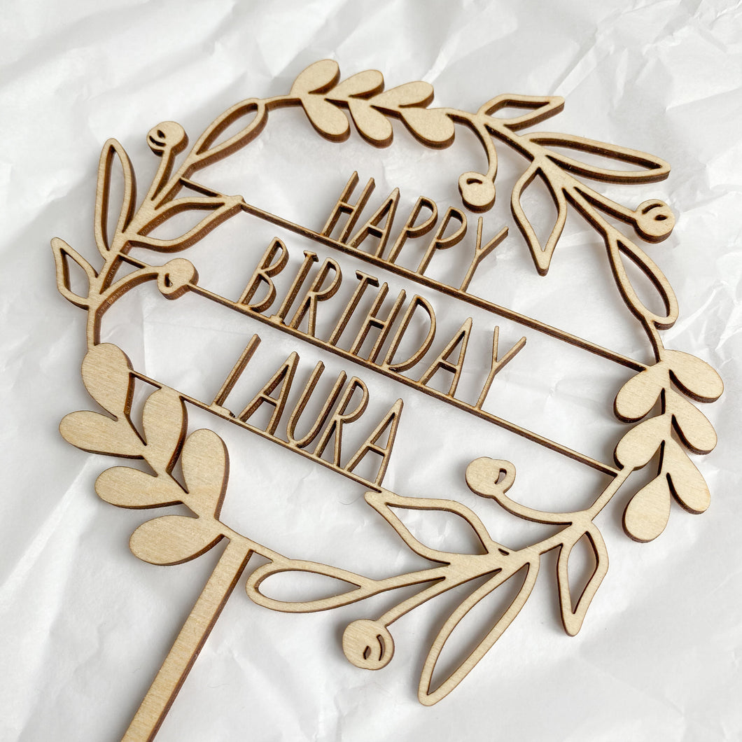Personalised Flower Wreath Wooden Cake Topper - Available in a variety of colours