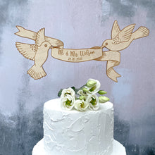 Load image into Gallery viewer, Personalised Wooden Engraved Floating Birds Wedding Cake Topper and Magnet