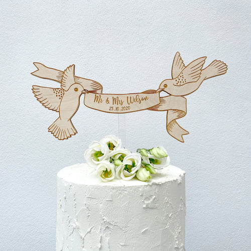 Personalised Wooden Engraved Floating Birds Wedding Cake Topper and Magnet