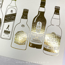 Load image into Gallery viewer, Plain or Personalised Gold Foil Scotch Whisky Illustration Greetings Card