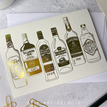 Load image into Gallery viewer, Plain or Personalised Gold Foil Irish Whiskey Illustration Greetings Card