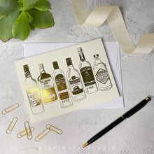 Load image into Gallery viewer, Plain or Personalised Gold Foil Irish Whiskey Illustration Greetings Card