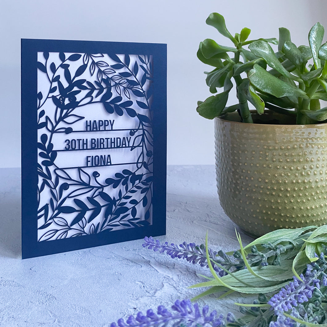 Personalised Navy Botanical Laser Cut Card