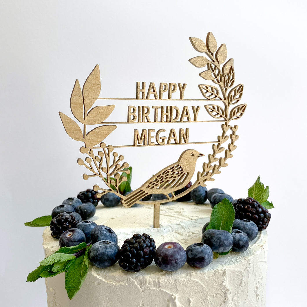 Personalised Wooden Bird and Wreath Cake Topper