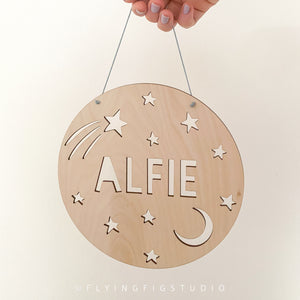 Personalised Moon and Stars Cutout Wooden Name Plaque Sign