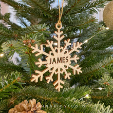 Load image into Gallery viewer, Personalised Wooden Hanging Snowflake Christmas Tree Decoration